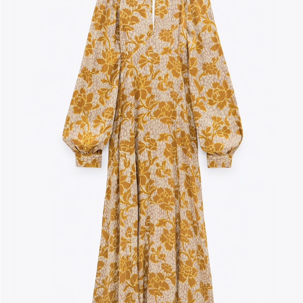 Zara Gold and White Ruffled Tiered Maxi Dress with Bishop Sleeves